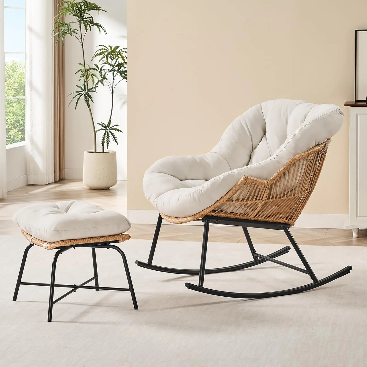 ONBRILL Rattan Papasan Rocking Chair With Ottoman For Indoor Outdoor Lounging