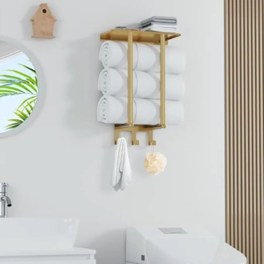Wall Mounted Metal Towel Rack Shelf Hooks Bathroom Storage Holder