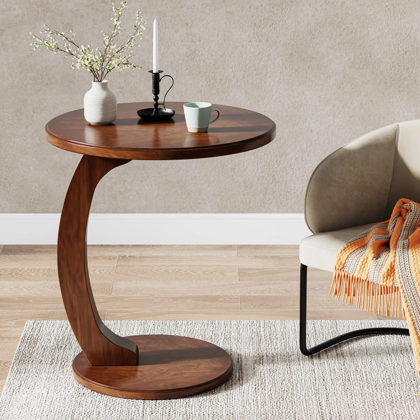 Tribesigns Round End Table Wood C Shaped Sofa Side Table