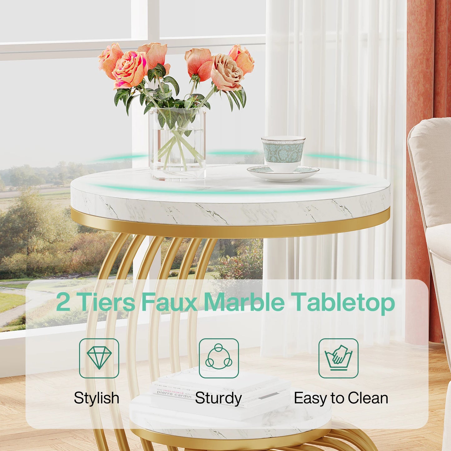 Tribesigns Round End Table Two Tiers Faux Marble Storage