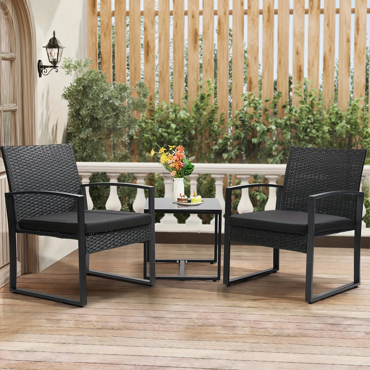 TUAREX Outdoor Wicker Bistro Conversation Set With Cushioned Coffee Table