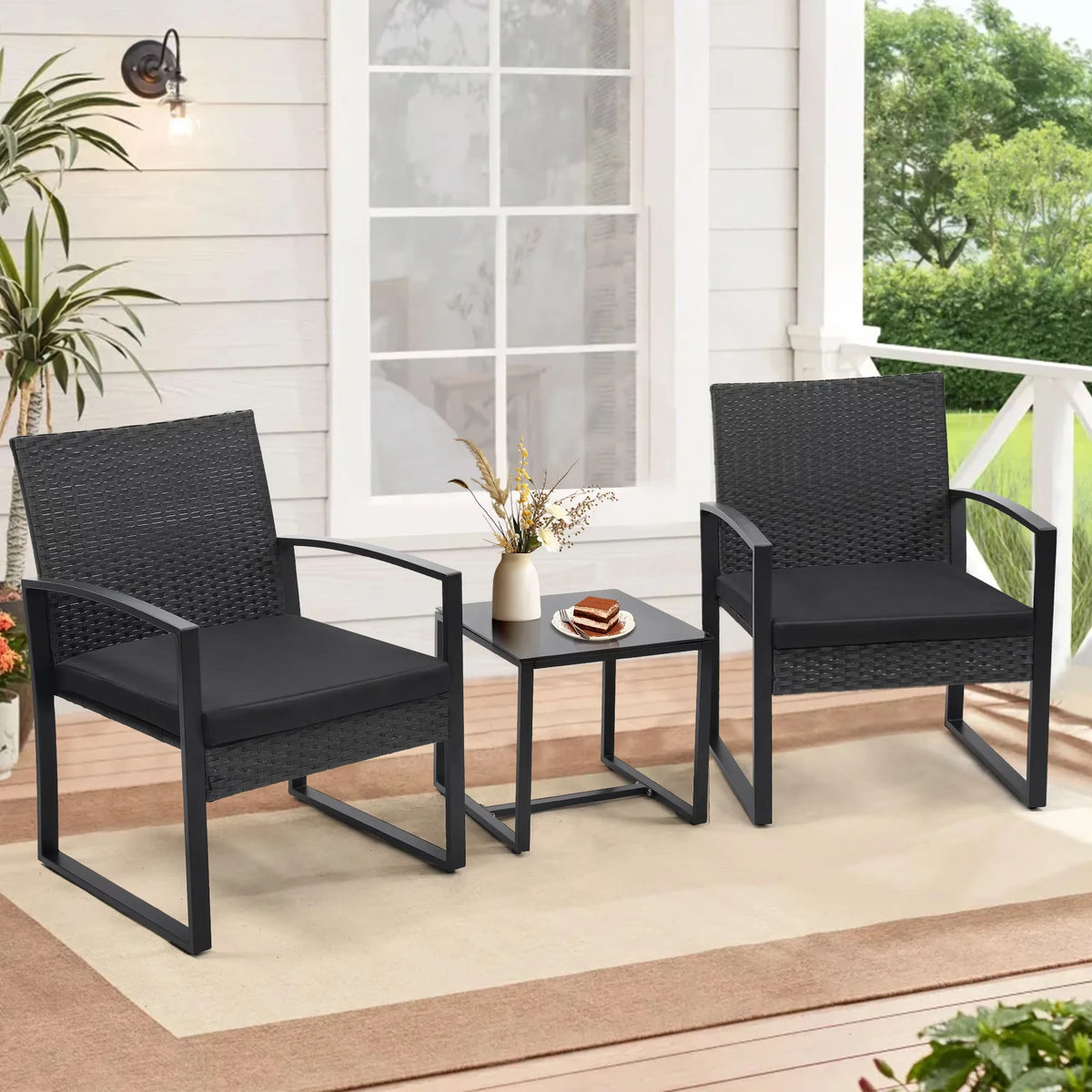 TUAREX Outdoor Wicker Bistro Conversation Set With Cushioned Coffee Table