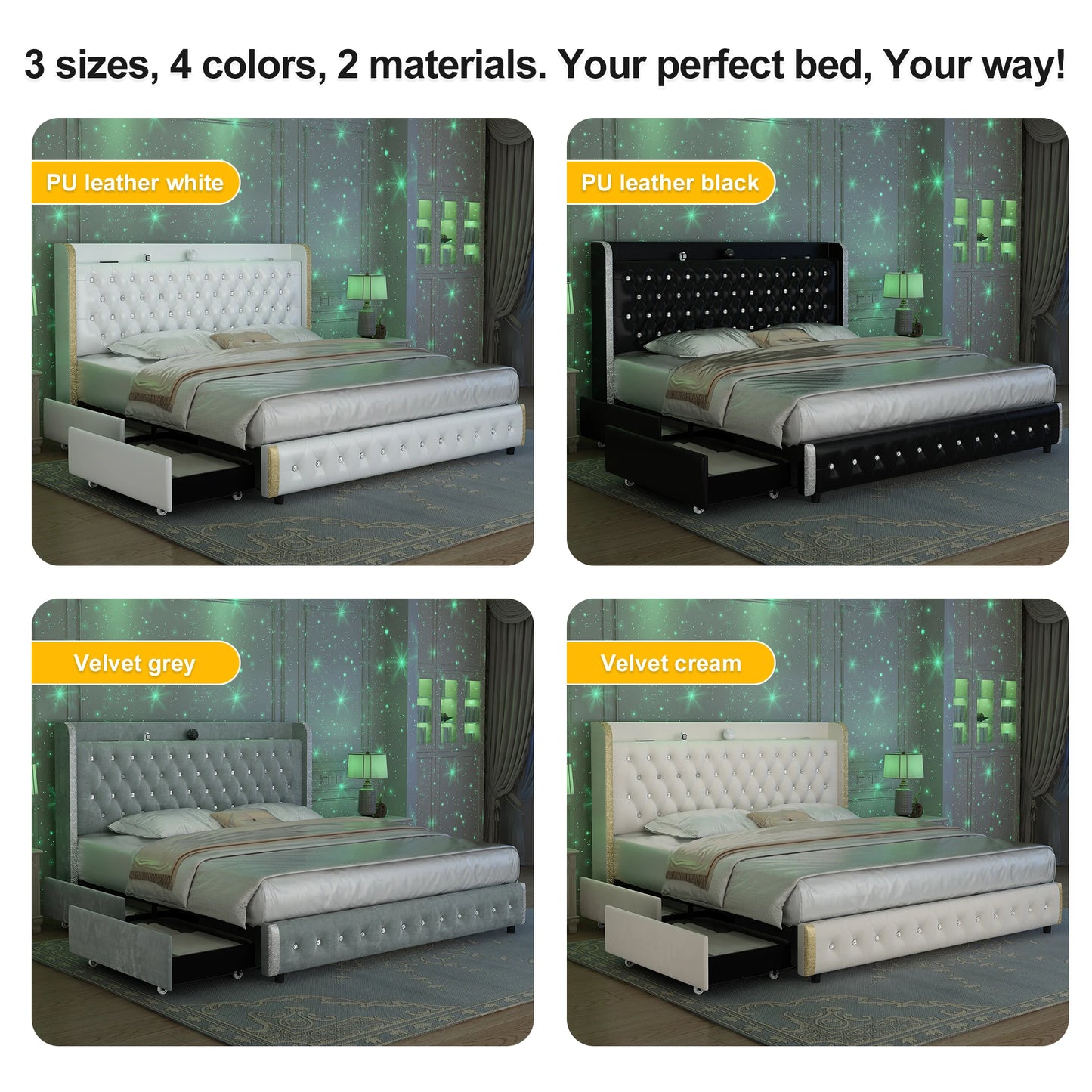 GEGOFORU Queen LED Bed Frame With Galaxy Projector USB Ports