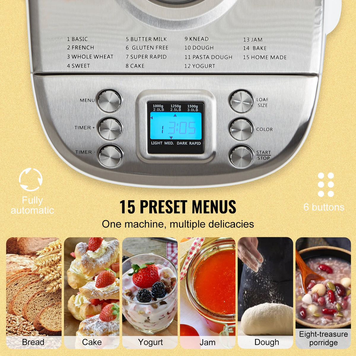 VEVOR Automatic 15In1 Bread Maker With Nonstick Ceramic Pan