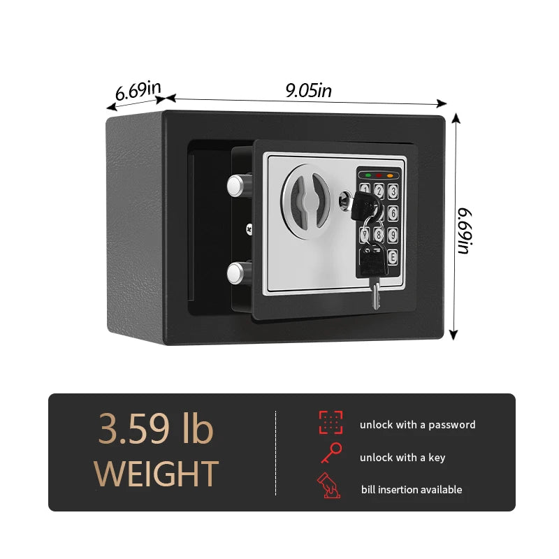 Electronic Password Safe for Money and Valuables with Key Lock