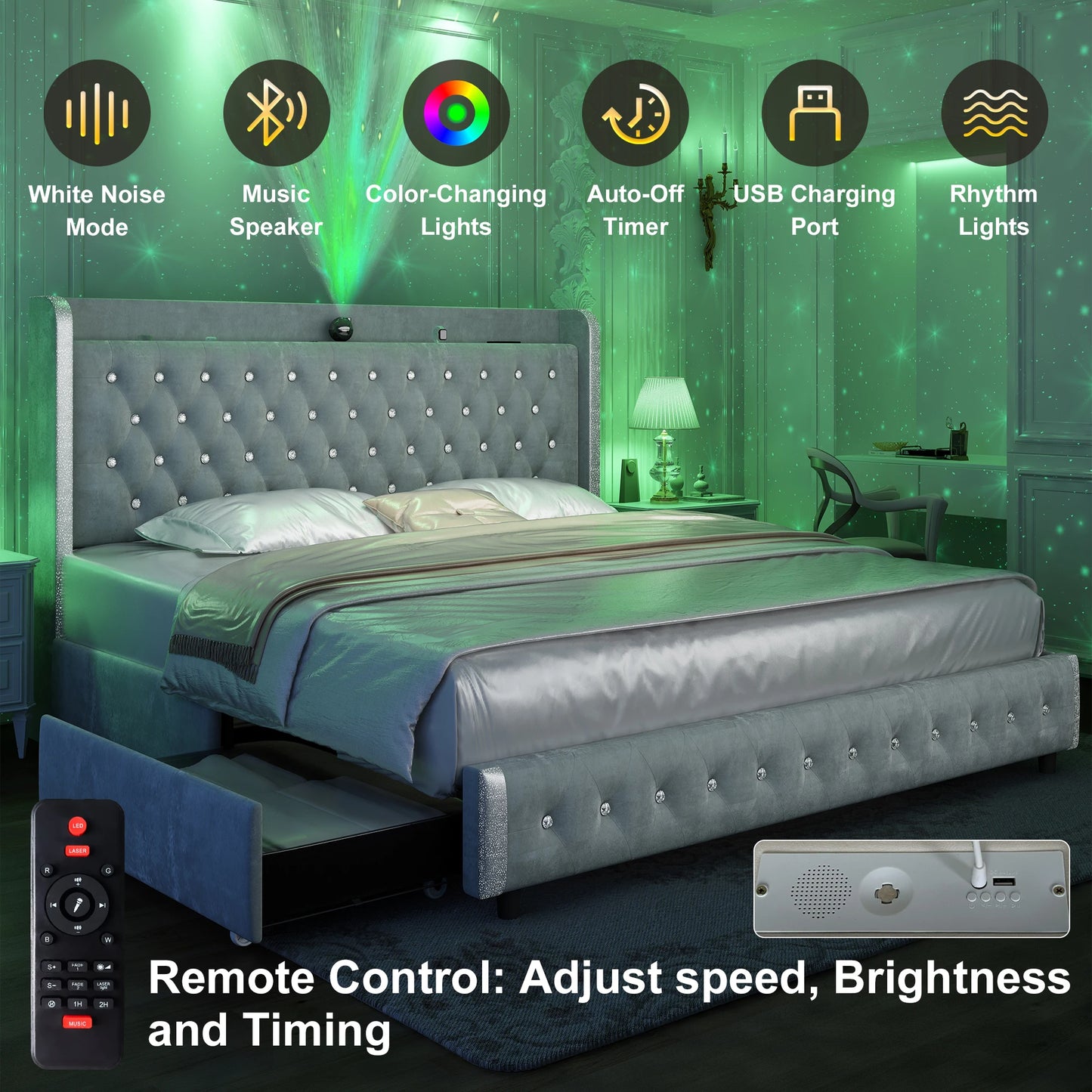 GEGOFORU Queen LED Bed Frame With Galaxy Projector USB Ports
