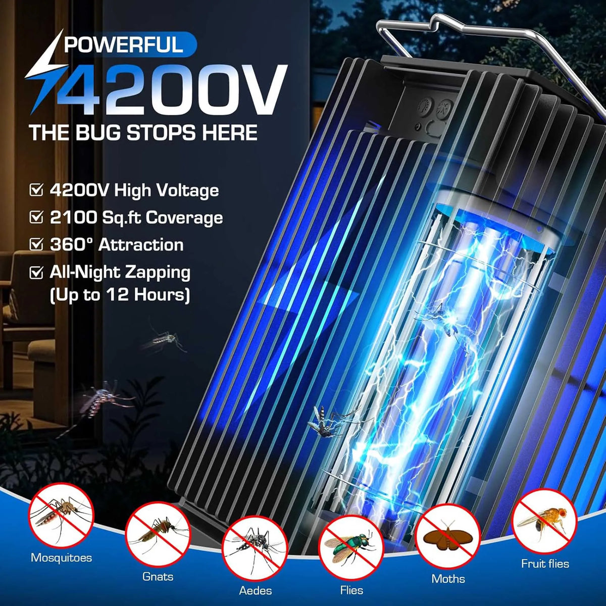 Solar Outdoor Mosquito Bug Zapper With LED Light And Ground Bracket