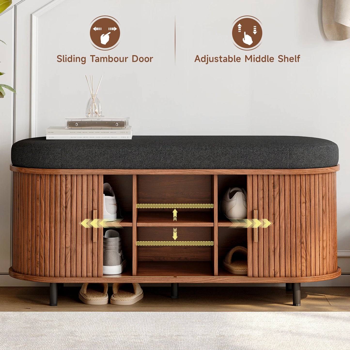 Wooden Shoe Storage Bench With Cushion Sliding Door Entryway Organizer