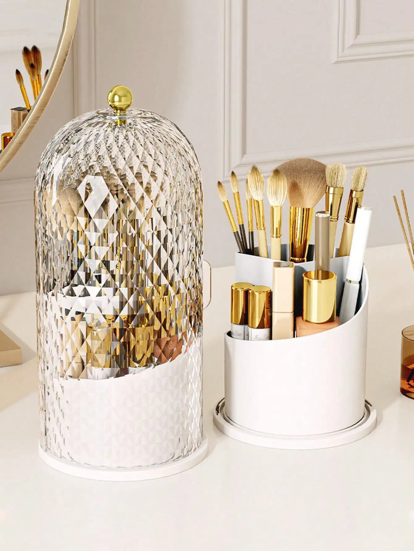 360 Rotatable Cosmetic Box Makeup Brush Organizer Multi Compartment Storage
