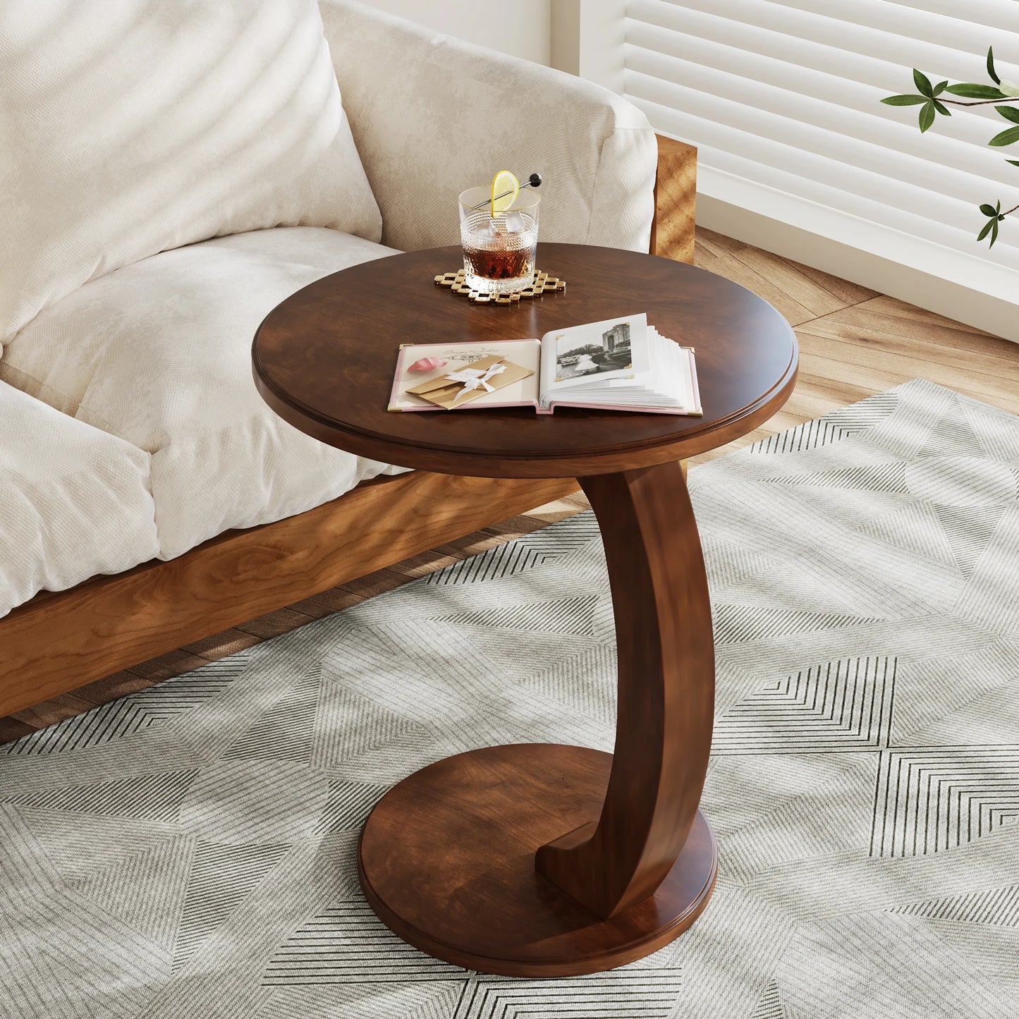 Tribesigns Round End Table Wood C Shaped Sofa Side Table