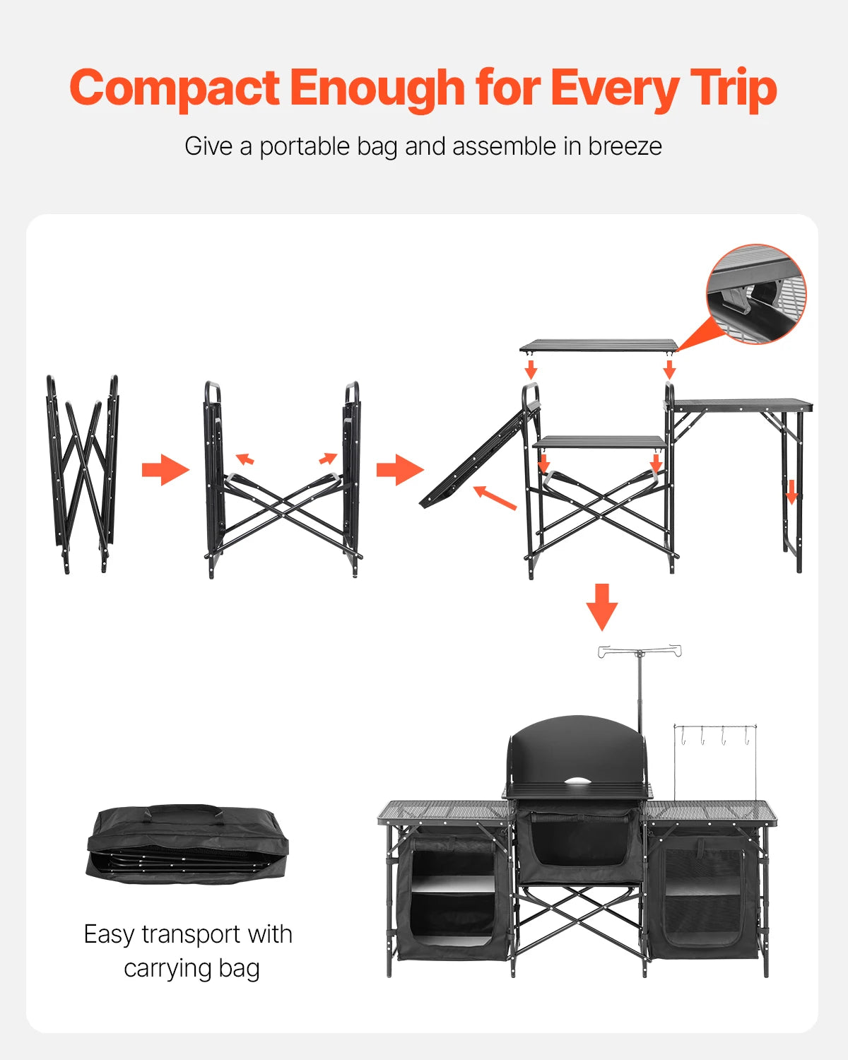 SucceBuy Camping Kitchen Table Aluminum Portable Cook Station With Storage