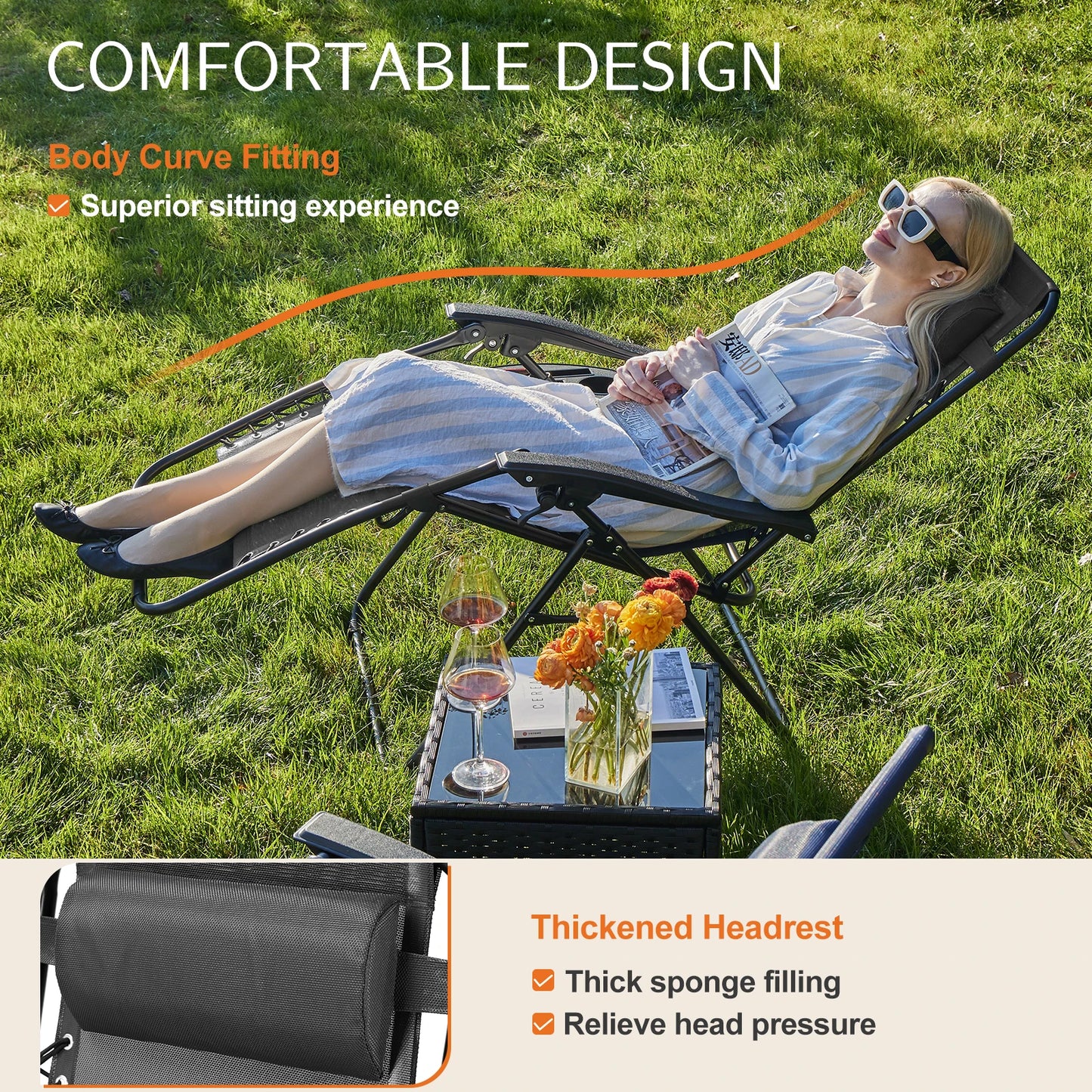 JHK Zero Gravity Portable Recliner Outdoor Lounge Chair With Cup Holder Trays