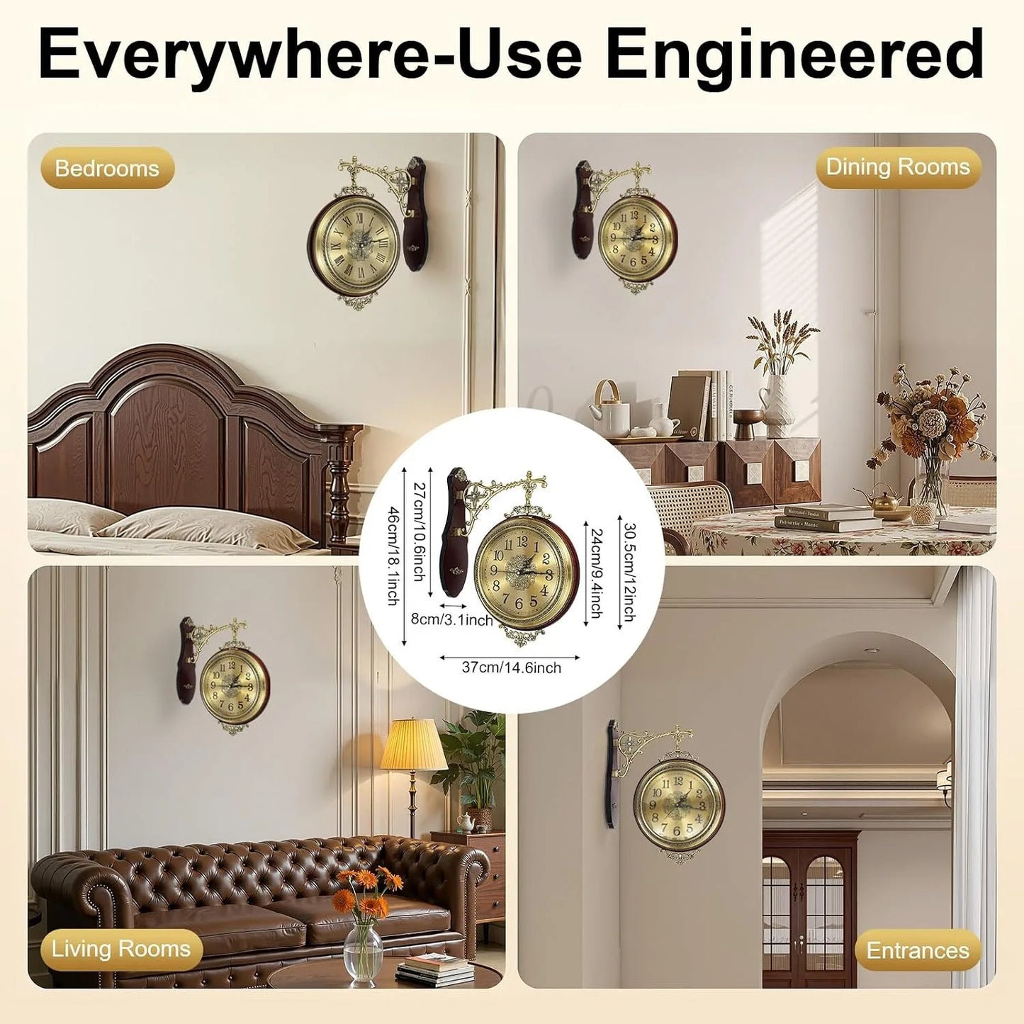 Double Sided Rotating Wall Clock European Style Silent Clock