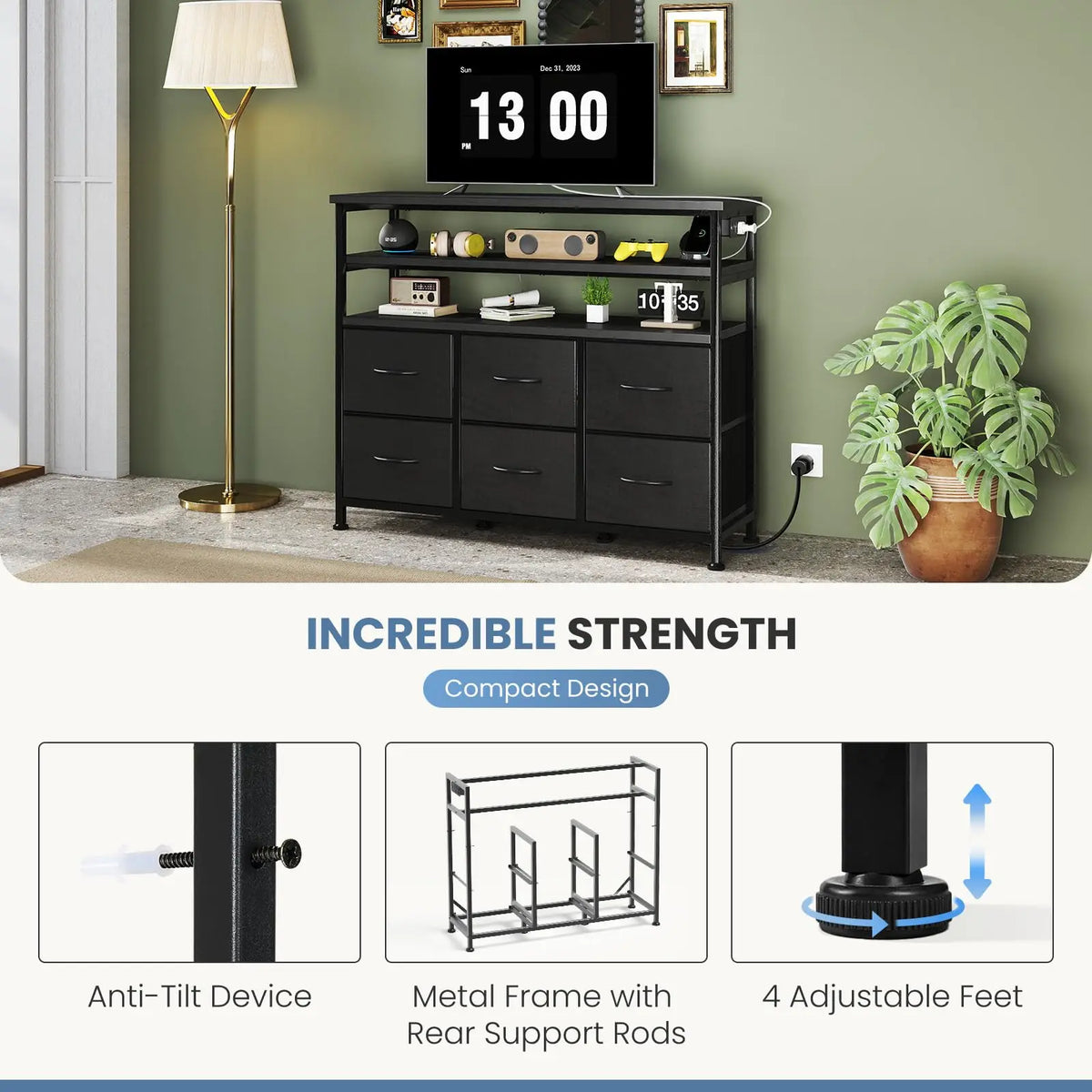 JHK Modern TV Stand Cabinet With Fabric Drawers For Home