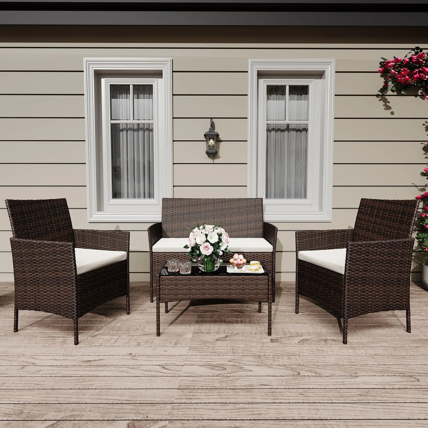 HiMISS Outdoor Patio Furniture Set Rattan Cushioned Sofa Glass Table