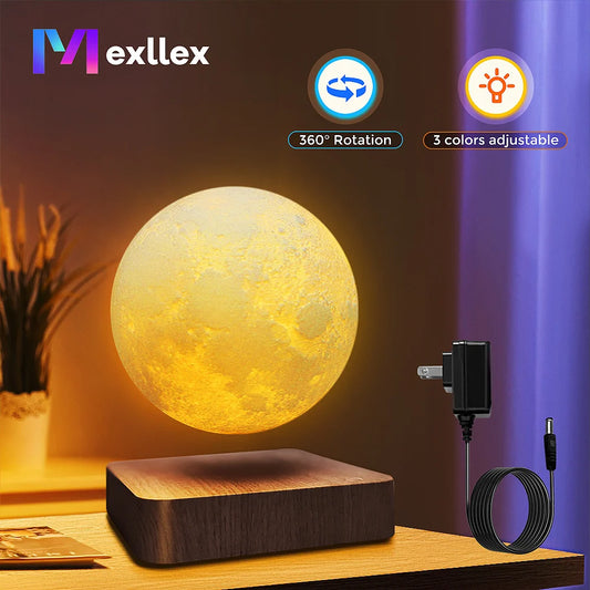Mexllex Floating Moon Lamp With Wooden Base 3 Color LED Night Light
