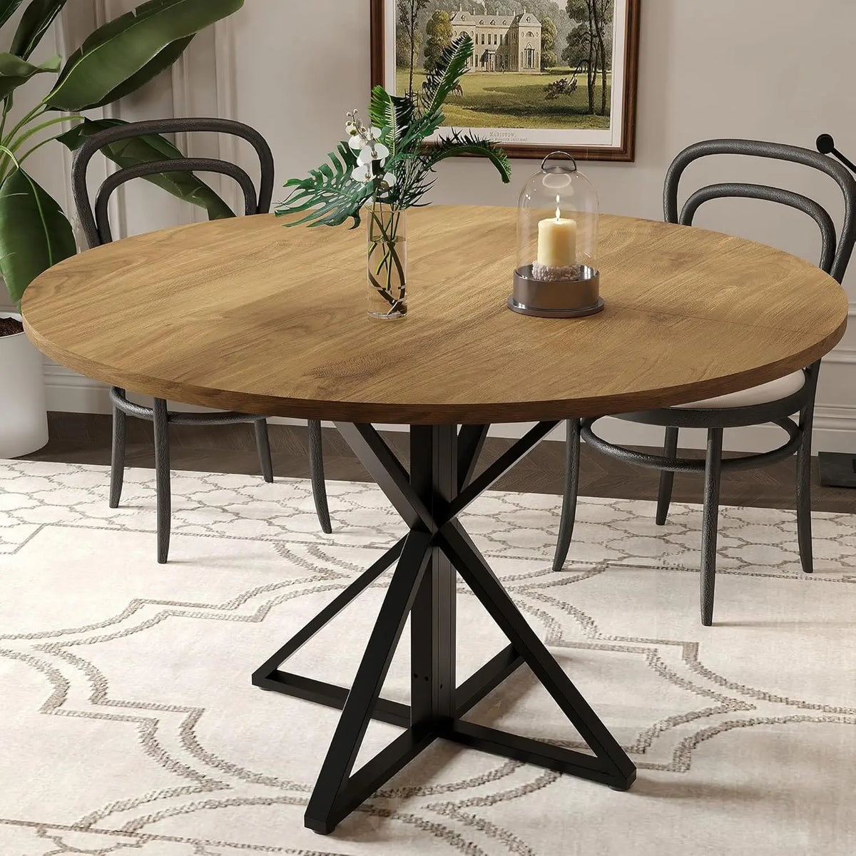 Twister Round Wooden Dining Table With Metal Pedestal Base