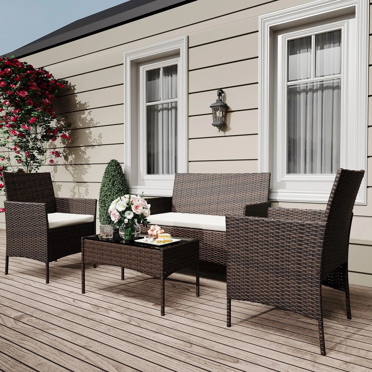 HiMISS Outdoor Patio Furniture Set Rattan Cushioned Sofa Glass Table