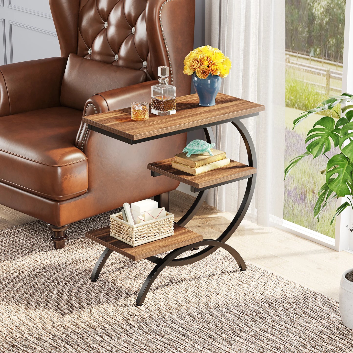 Tribesigns C-Shaped End Table Industrial 3-Tier Storage Shelves