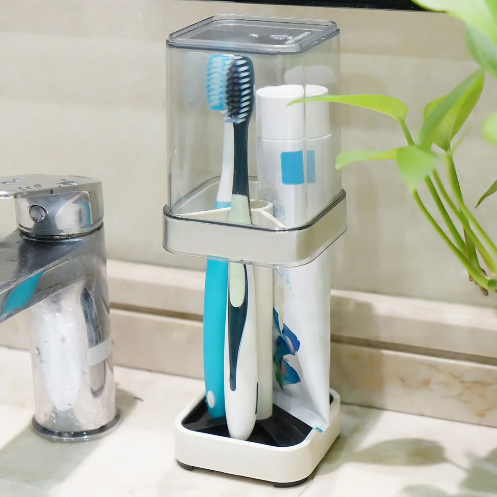 Bathroom Toothbrush Holder With Cup And Toothpaste Storage Rack Organizer