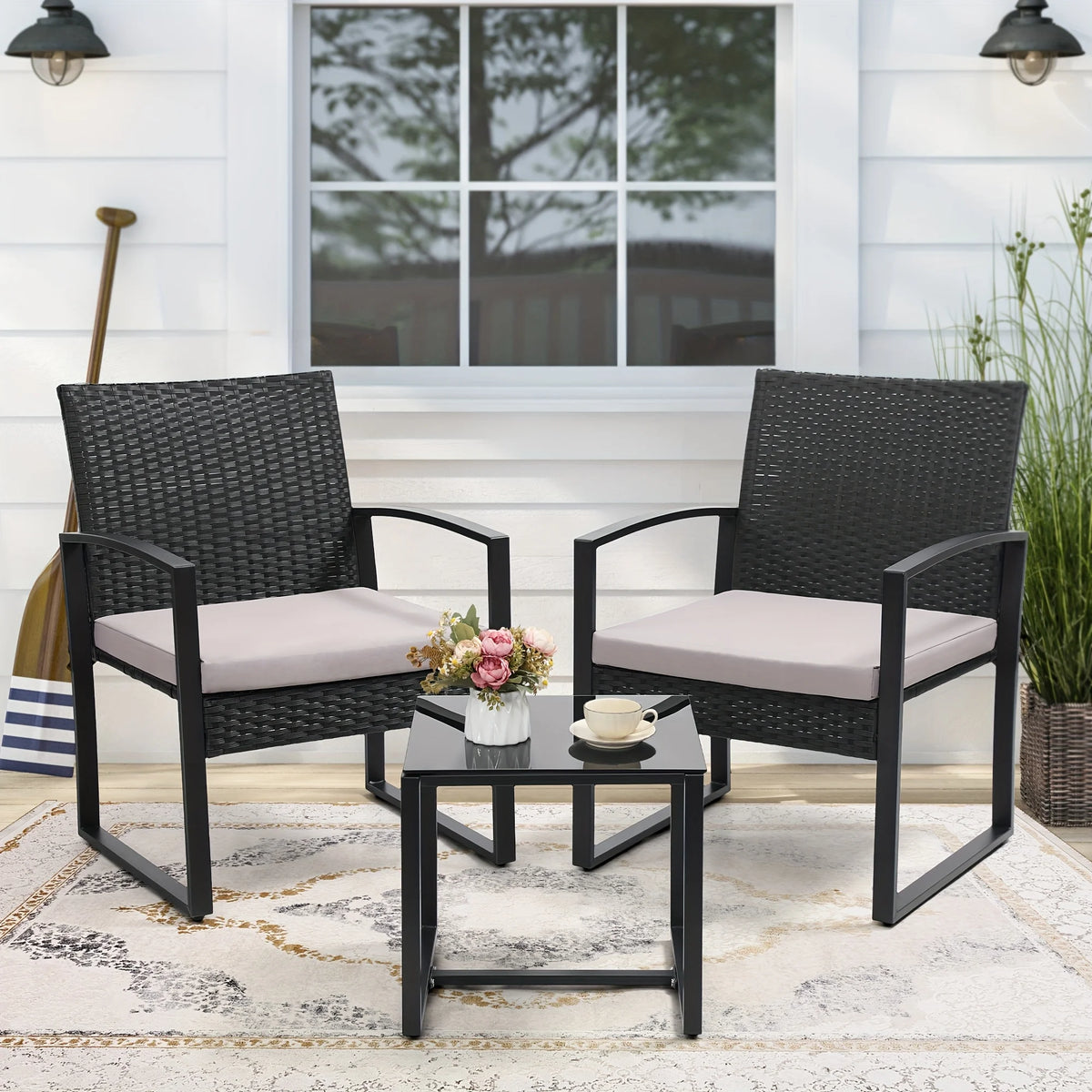 TUAREX Outdoor Wicker Bistro Conversation Set With Cushioned Coffee Table