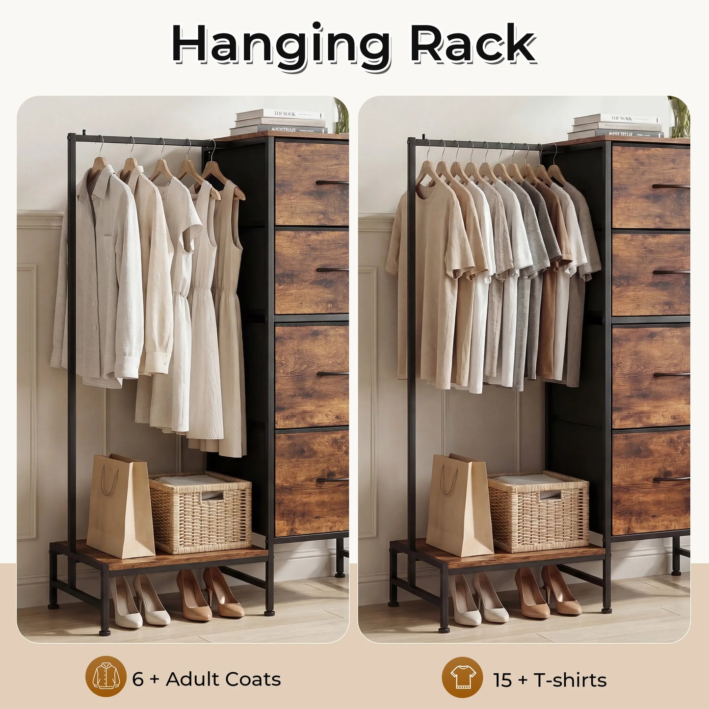 JHK Fabric Dresser Hanging Rack Shelf Living Room Storage Organizer