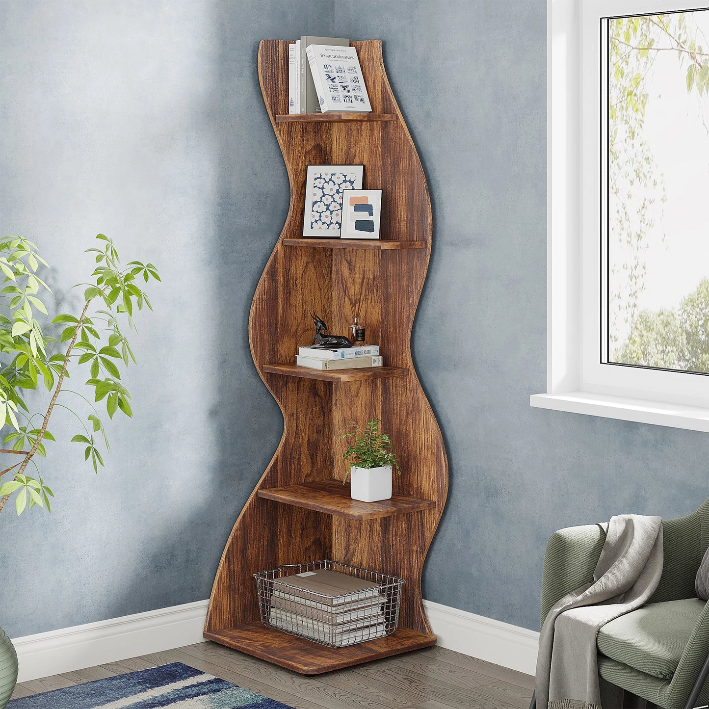 Tribesigns Rustic Five Tier Corner Shelf Wall Bookcase