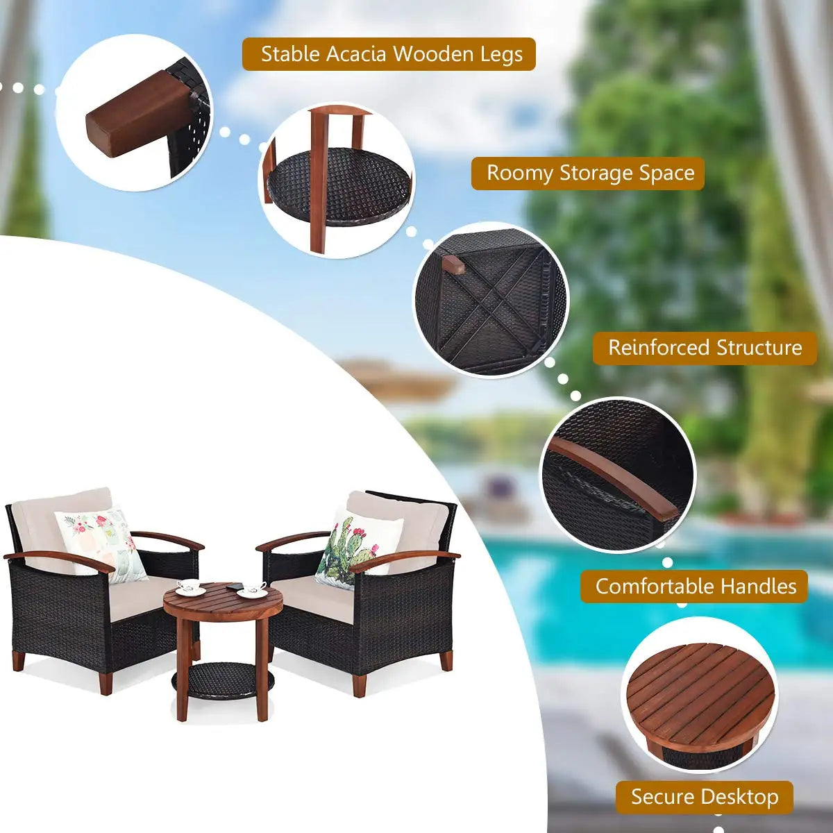 Wicker Patio Set With Wood Top Table And Chairs Outdoor All Weather