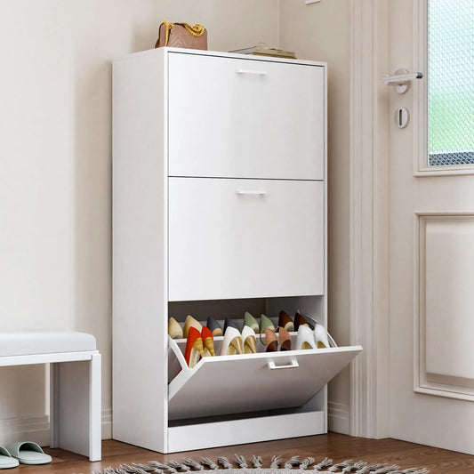 Wooden Freestanding Shoe Cabinet Flip Drawers Hidden Storage Organizer