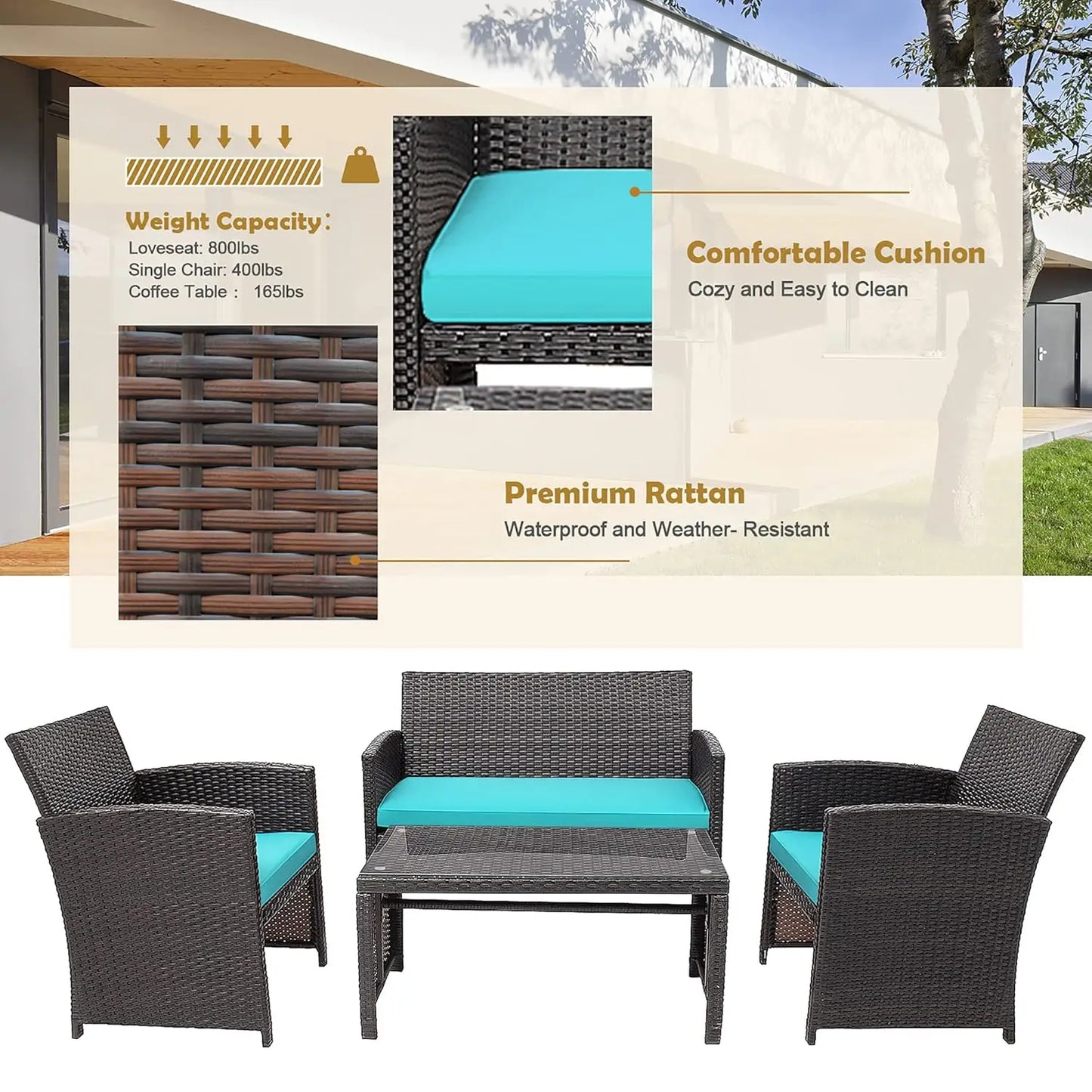 Wicker Patio Furniture Set Outdoor PE Rattan 4 Piece Conversation