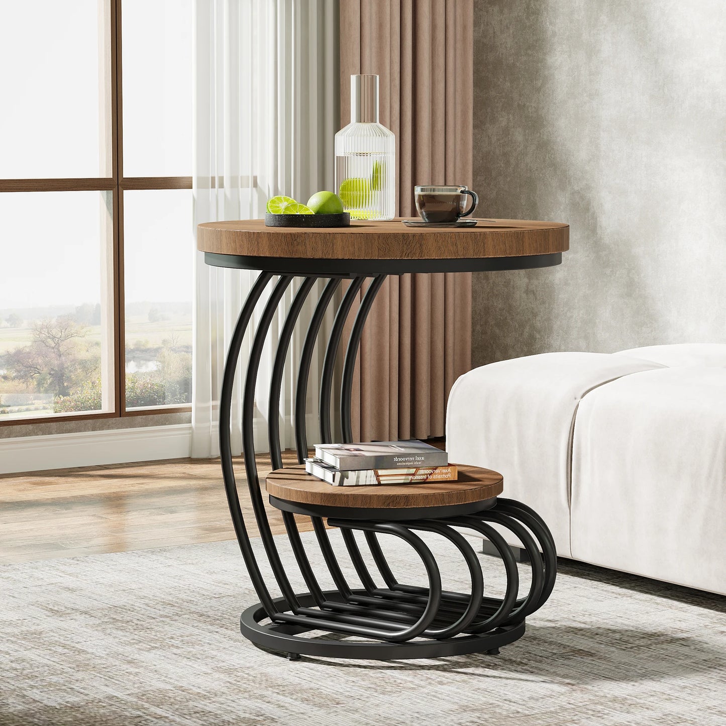 Tribesigns Round End Table Two Tiers Faux Marble Storage