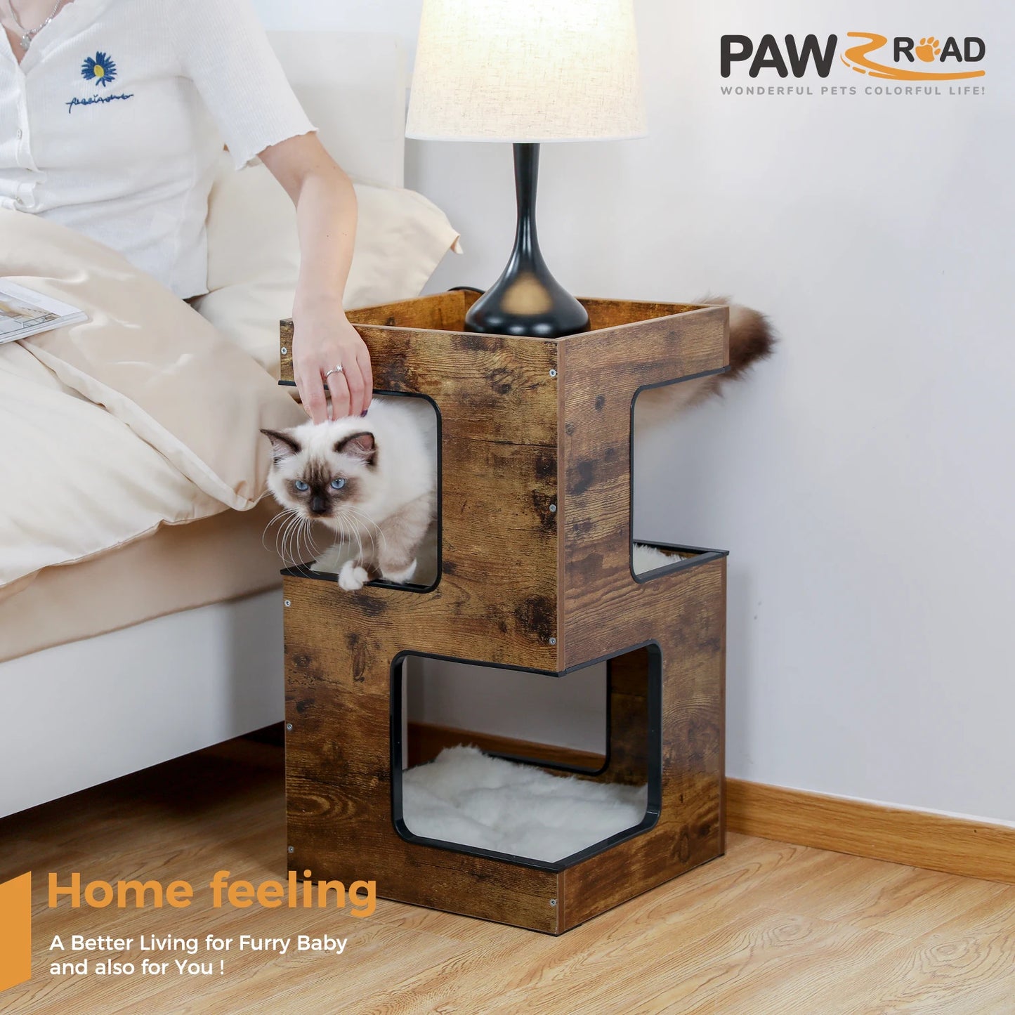 PAWZ Road Wood Cat Condo House Bed With Removable Soft Mats