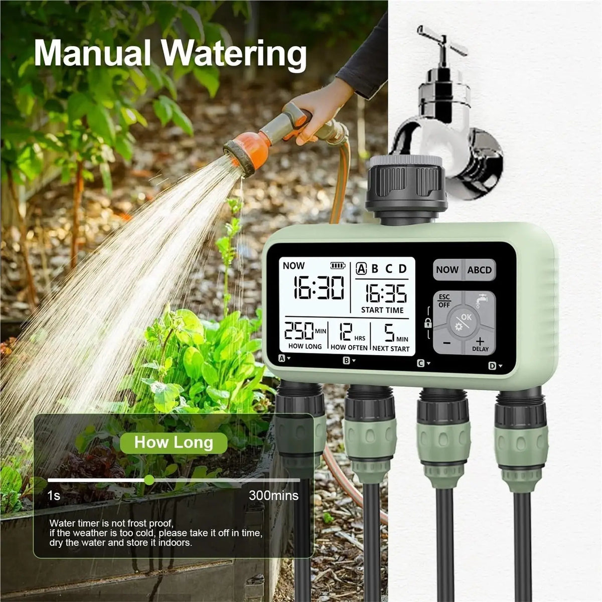 Four Zone Programmable Garden Sprinkler Watering Timer With Rain Delay