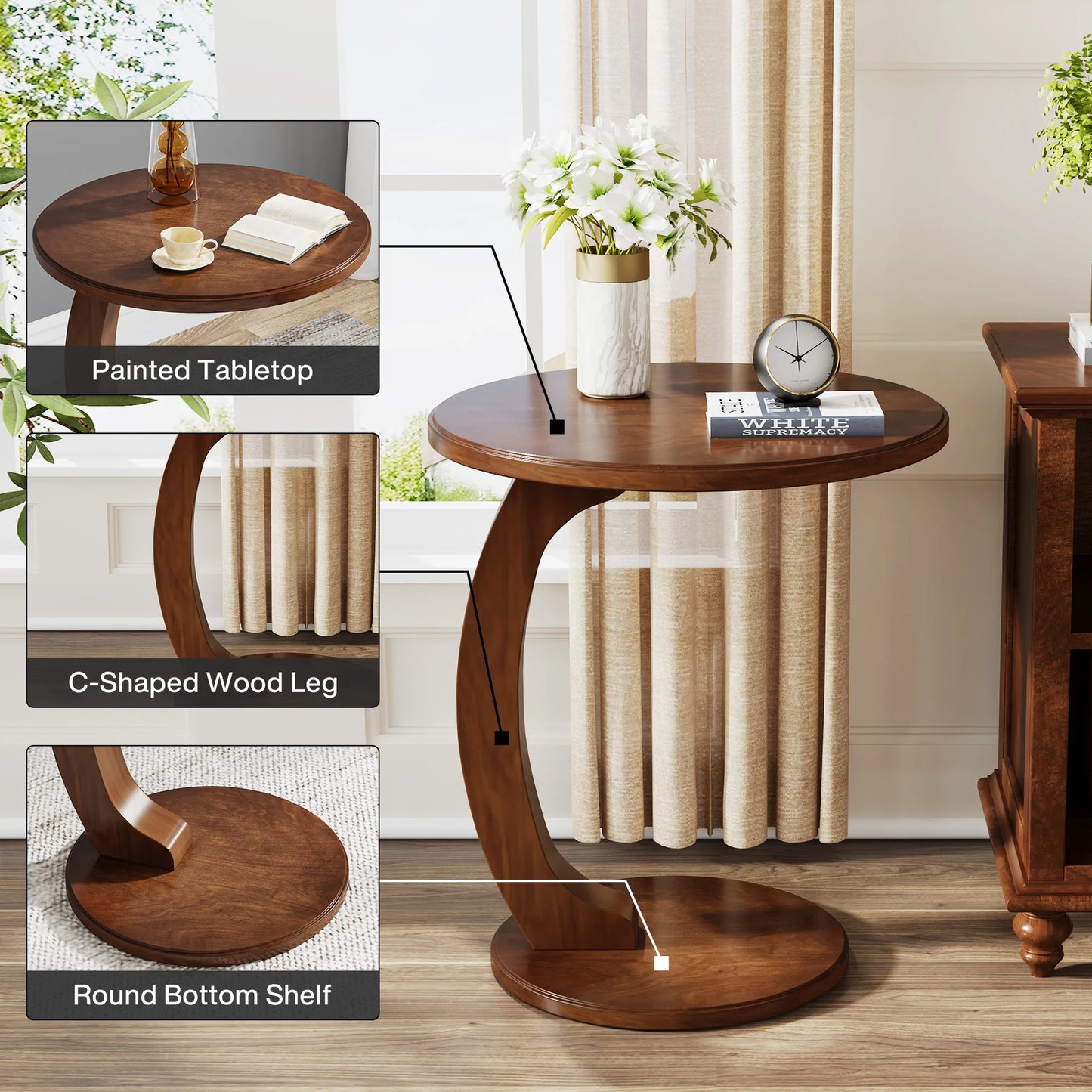 Tribesigns Round End Table Wood C Shaped Sofa Side Table