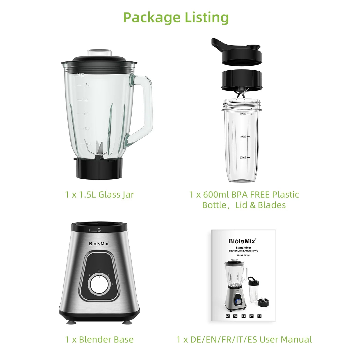 Biolomix 1300W Smoothie Maker With Glass Jar For Frozen Drinks