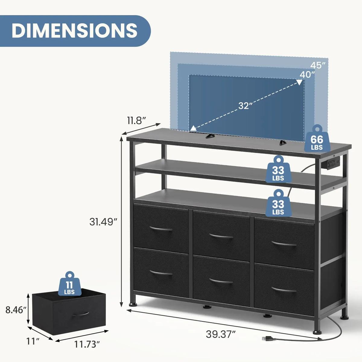 JHK Modern TV Stand Cabinet With Fabric Drawers For Home