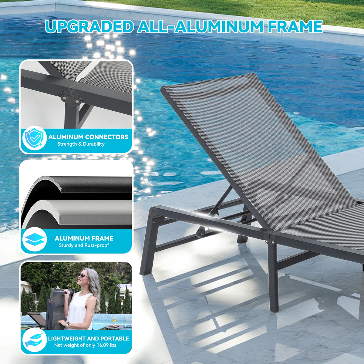 FHVIT Foldable Aluminum Sun Lounger with Adjustable Backrest
