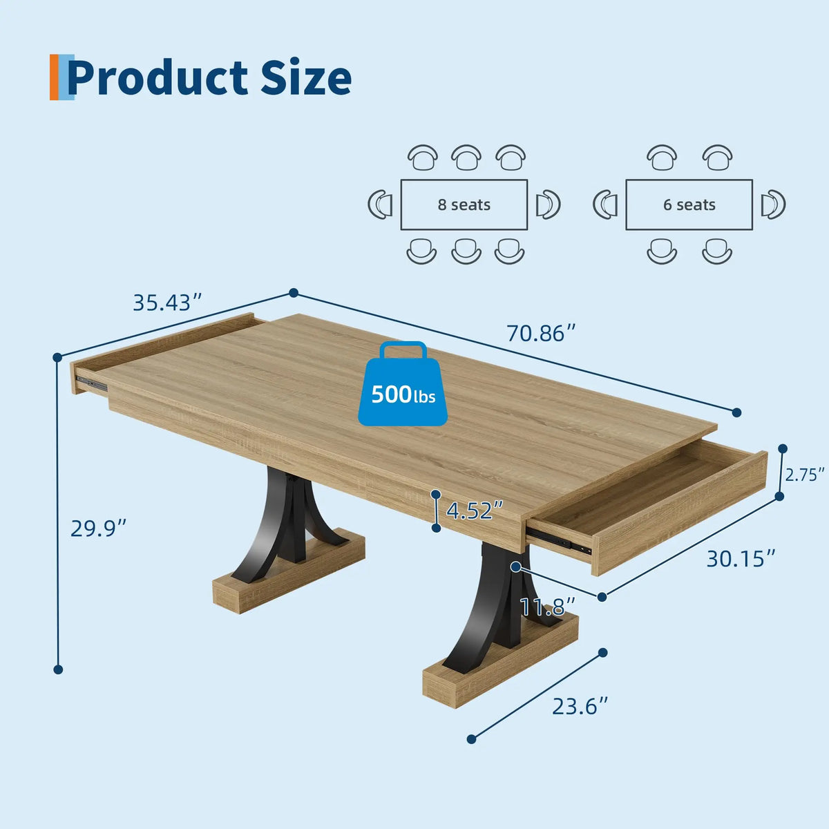 HiMISS Industrial Dining Table With Double Pedestal And Storage Drawers