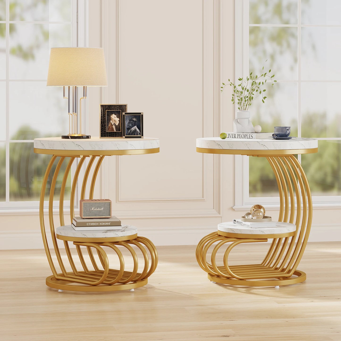 Tribesigns Round End Table Two Tiers Faux Marble Storage