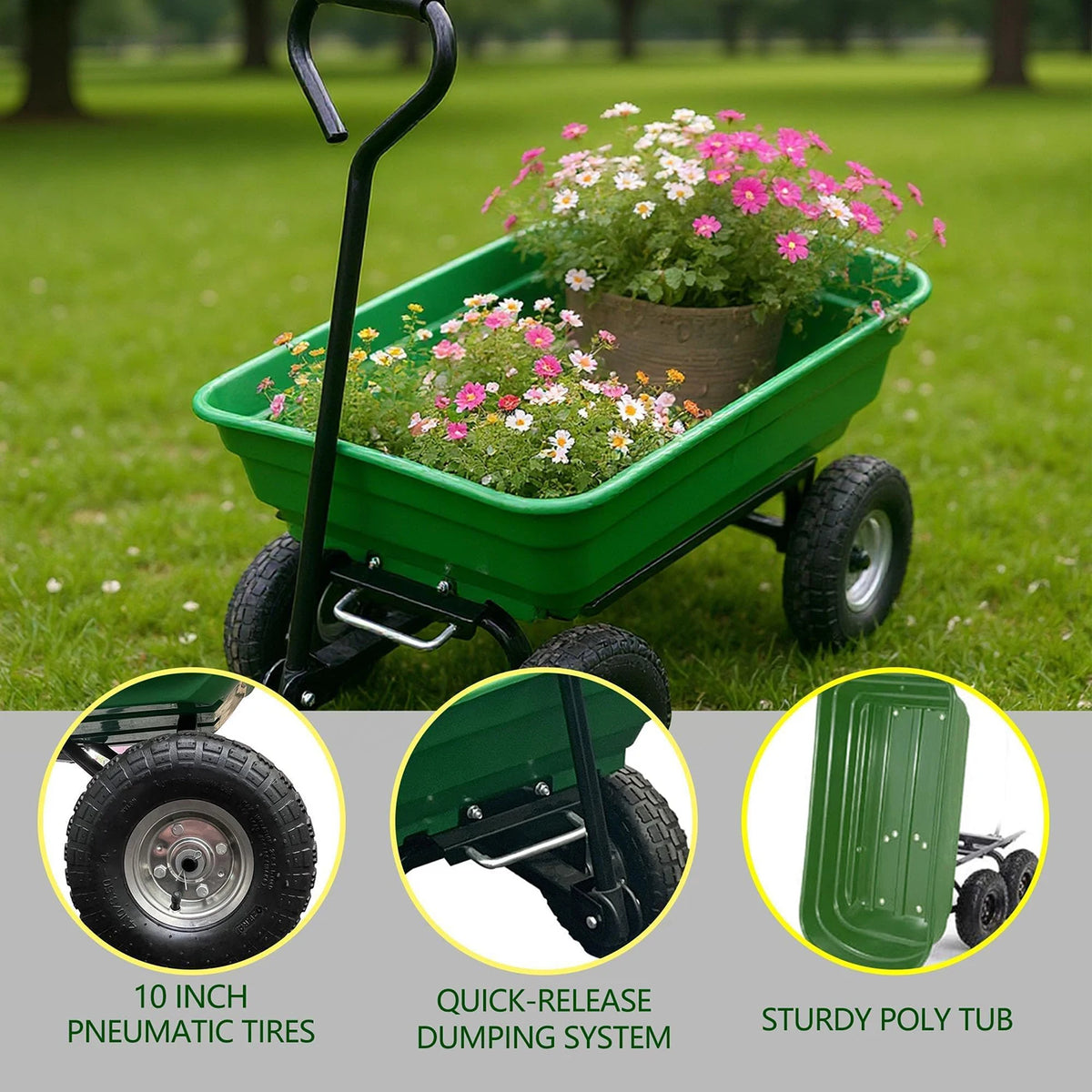 HiMISS Heavy Duty Four Wheel Garden Dump Utility Cart