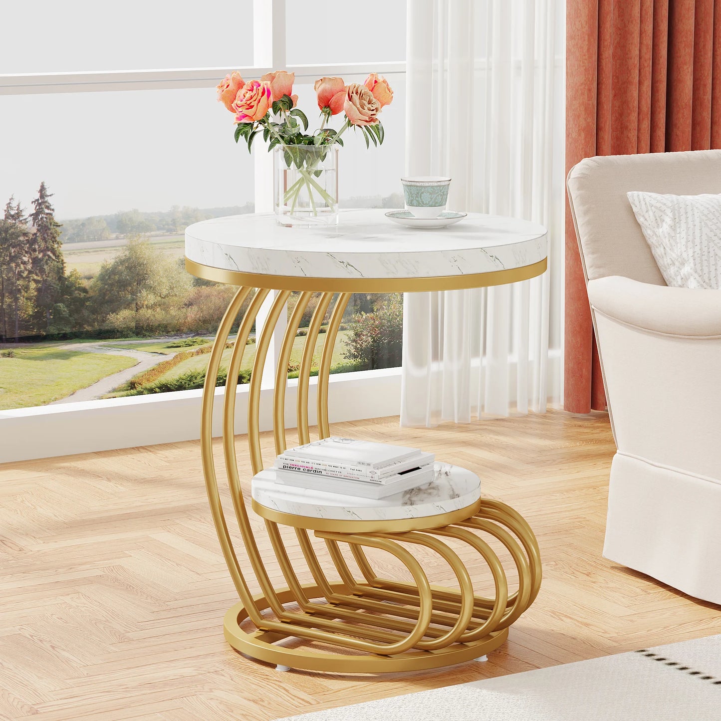 Tribesigns Round End Table Two Tiers Faux Marble Storage