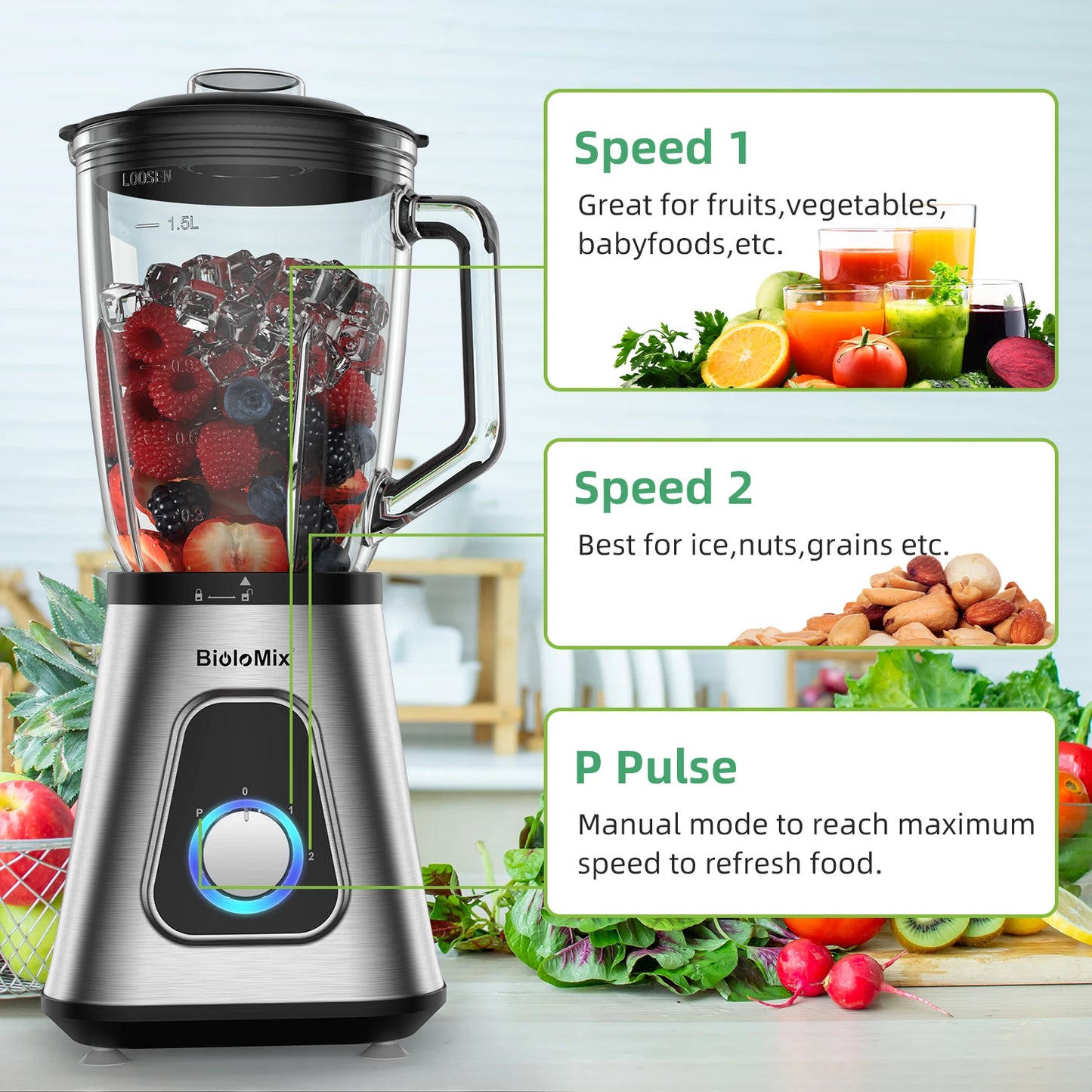 Biolomix 1300W Smoothie Maker With Glass Jar For Frozen Drinks