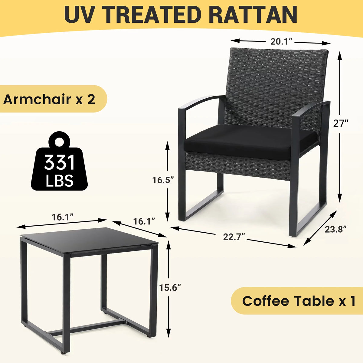 TUAREX Outdoor Wicker Bistro Conversation Set With Cushioned Coffee Table