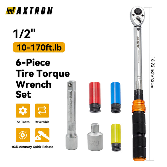 WAXTRON Torque Wrench Set 10 To 170 FtLb 72 Tooth 6 Piece For Car