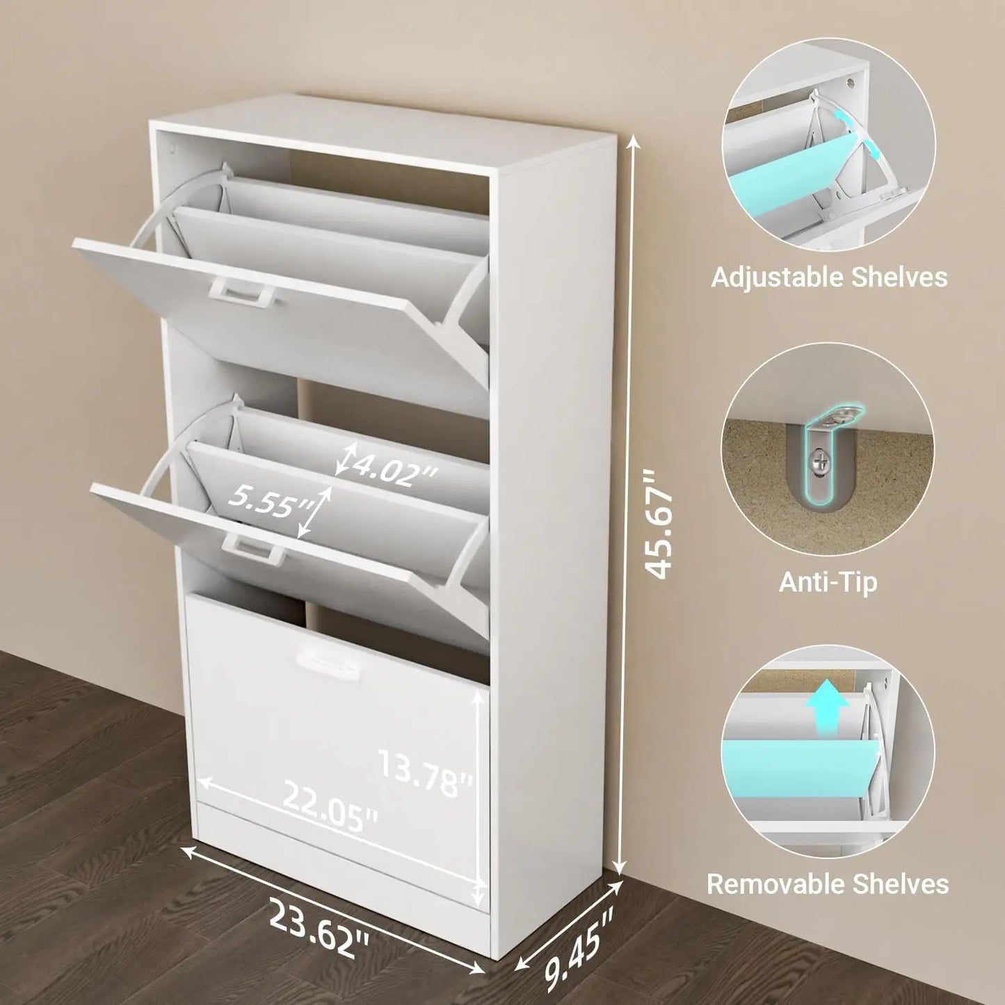 Wooden Freestanding Shoe Cabinet Flip Drawers Hidden Storage Organizer