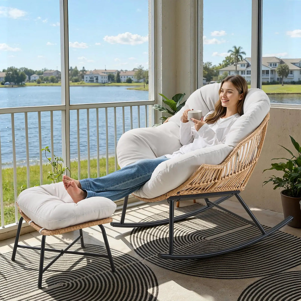 ONBRILL Rattan Papasan Rocking Chair With Ottoman For Indoor Outdoor Lounging