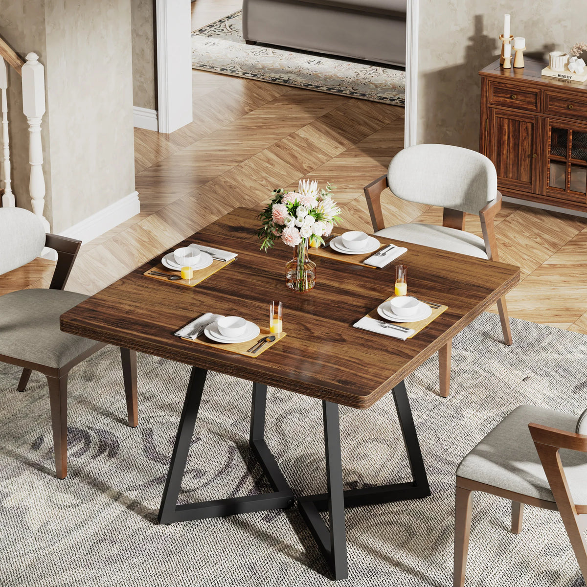 Tribesigns Industrial Square Dining Table With Wooden Top And Metal Frame