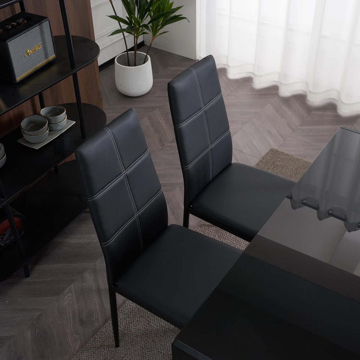 Modern Synthetic Leather High Backrest Dining Chairs Set of Four