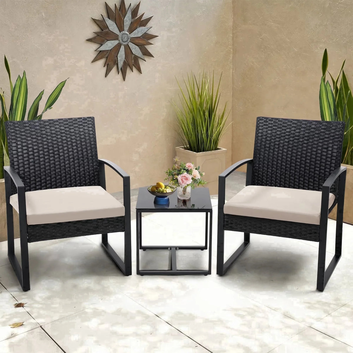 TUAREX Outdoor Wicker Bistro Conversation Set With Cushioned Coffee Table