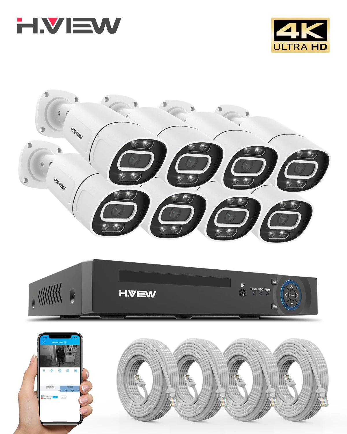 H.VIEW 8 Channel 4K PoE Security System NVR Kit Cameras